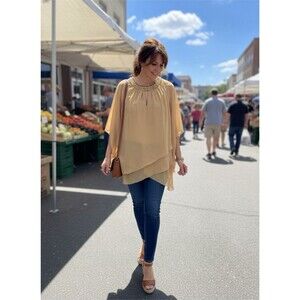 JJ's House Beaded Neckline Layered Gold Chiffon Formal Dress Blouse Fairy Boho